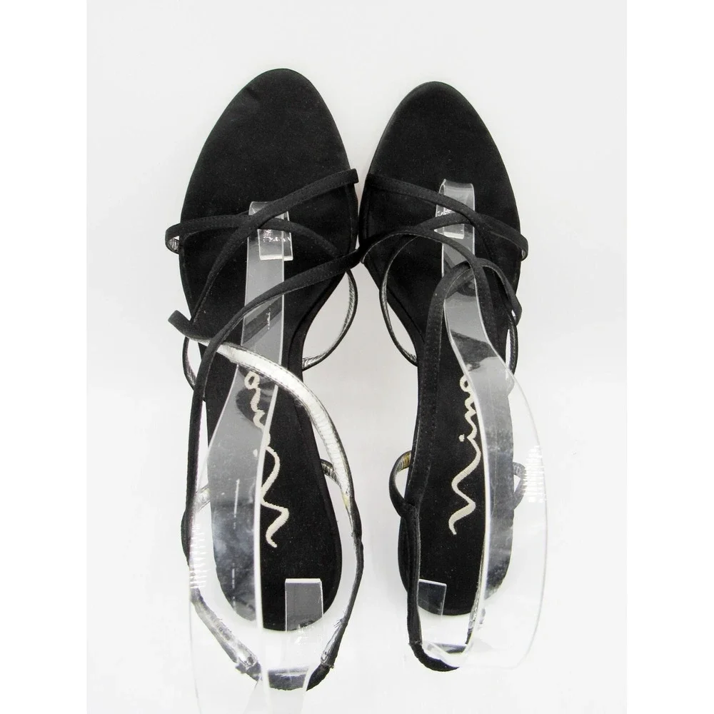 Nina Women's Strappy Black Fabric 3.5 Inch Heels Leather Soles Size 7M
